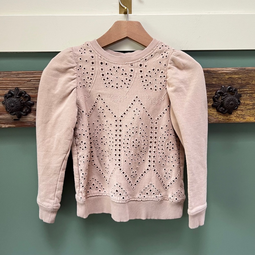 Zara Girls beige tan Eyelet Embroidered Puff Sleeve Cotton Sweatshirt Size 6 116